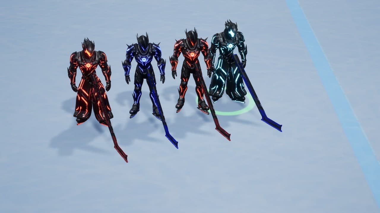 Four VHL players on the ice: skaters in red and blue team armour, with the new goalie model on the right