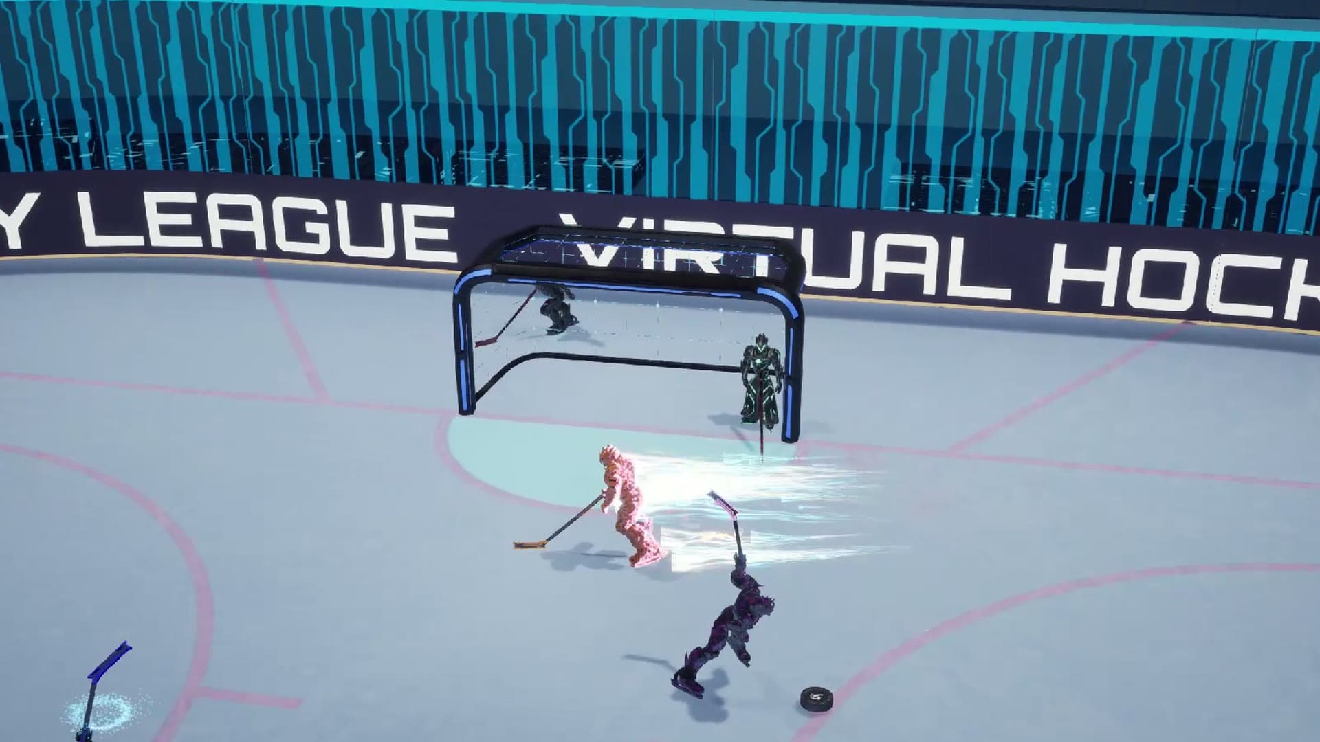 A shot on goal in front of the net, the arena's boards behind