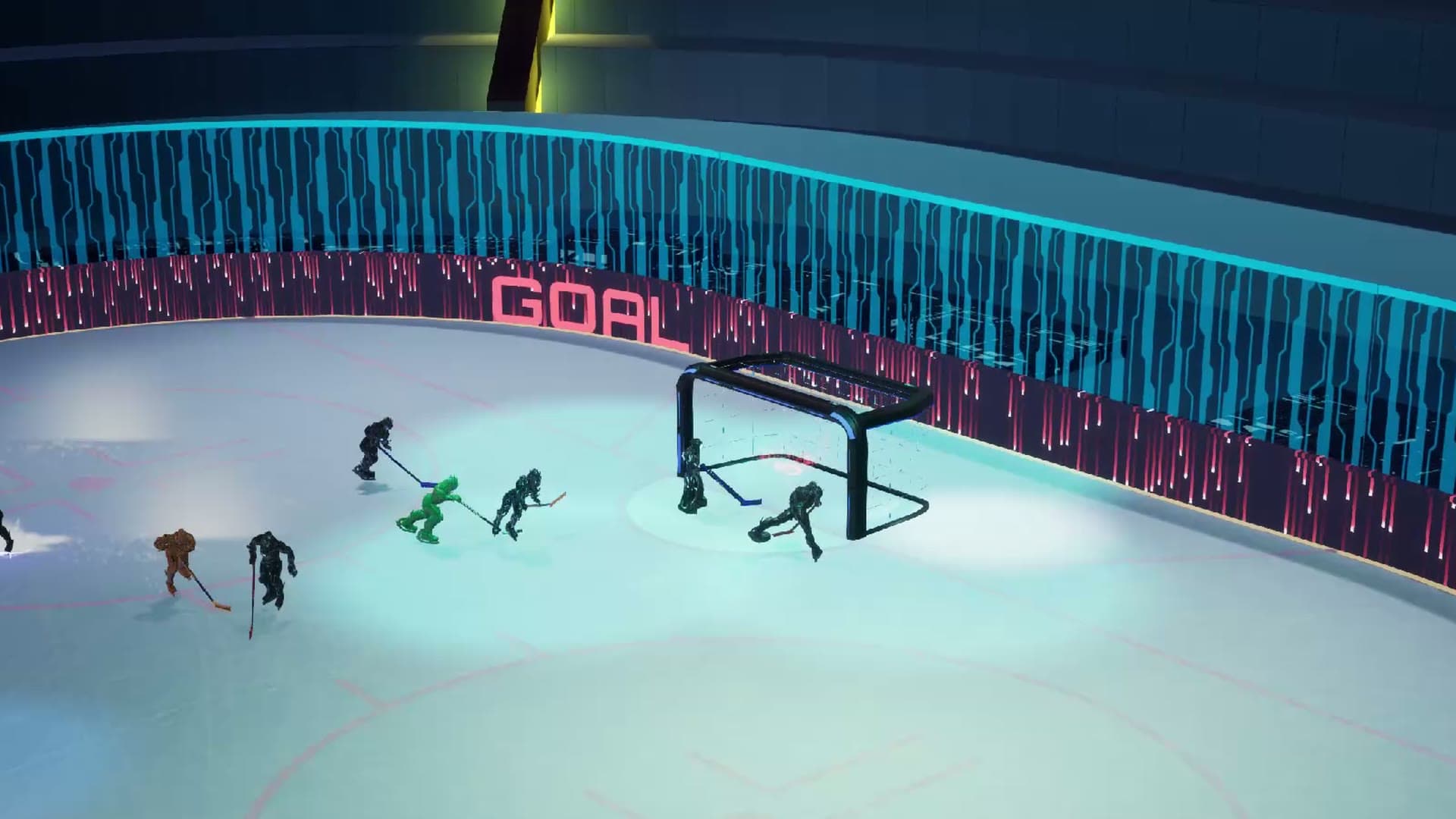 A scramble at the net under the GOAL boards