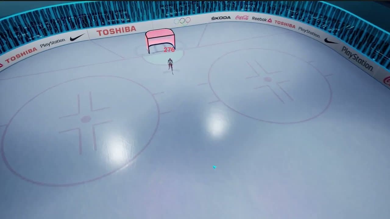 Wide view of the VHL arena with a glowing cyan crowd wall and sponsor boards